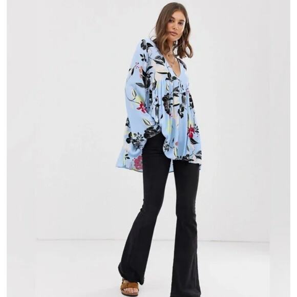 Free People Tops - Free People Tunic Bella Blue Floral Printed Flare Long Sleeve Top Dress Size S